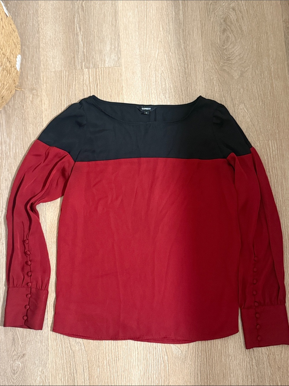 Express Women's Red and Black Colorblock Long-Sleeve Blouse